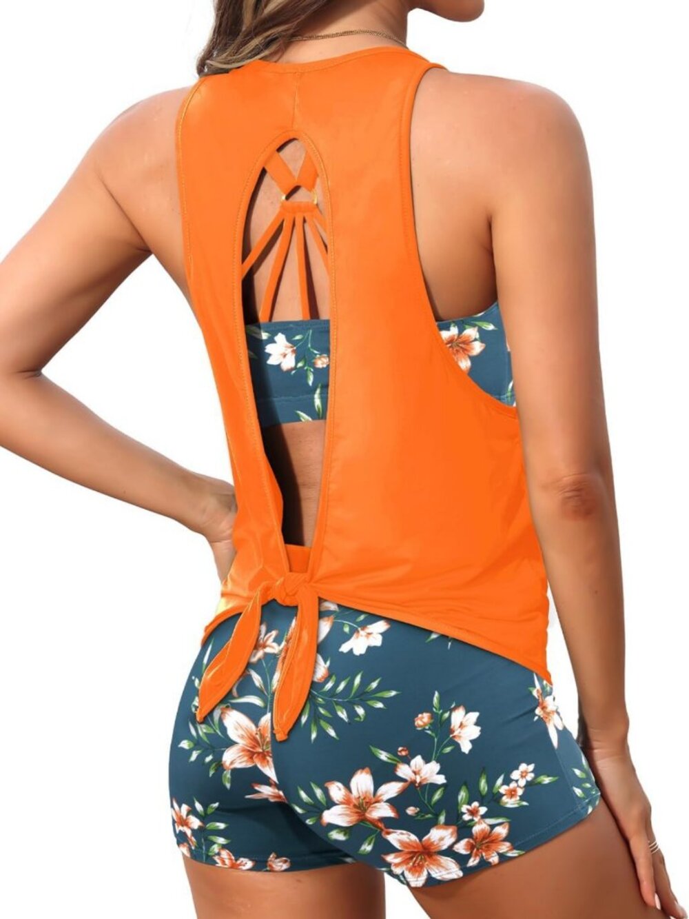 3 Piece Swimsuits Open Tie Back Tankini Top And Athletic Swim Shorts